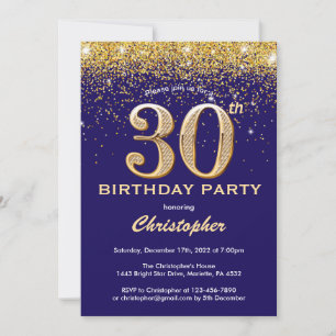 30. Geburtstag Navy Blue und Gold Glitzer Confetti Einladung