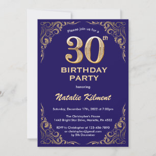 30. Geburtstag Navy Blue und Gold Glitzer Frame Einladung
