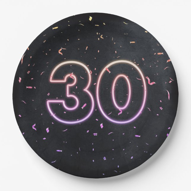 30. Geburtstag Neon-Zeichen auf schwarzen Papierpl Pappteller (Vorderseite)