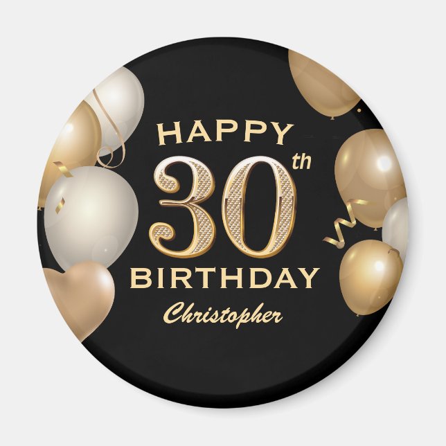 30. Geburtstag Party Black and Gold Balloons Magnet (Vorne)