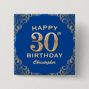 30. Geburtstag Party Blau und Gold Glitzer Rahmen Button
