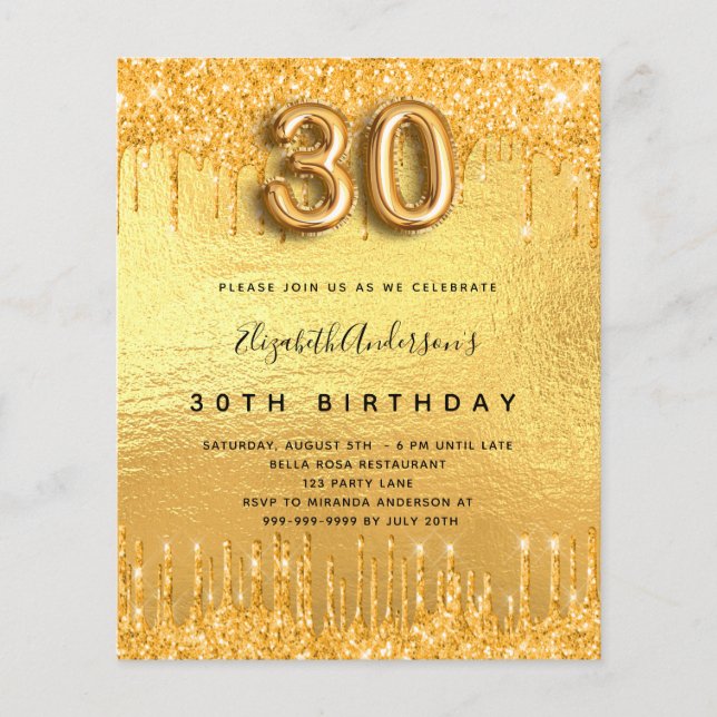30. Geburtstag Party Gold Glitzer Einladung (Vorderseite)