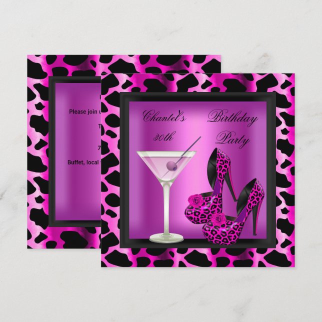 30. Geburtstag Party Hot Pink Leopard Martini Einladung (Vorne/Hinten)
