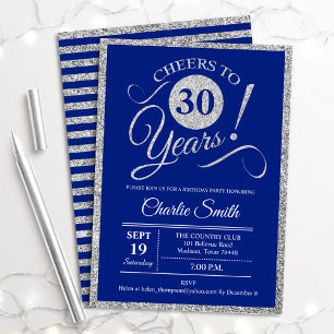 30. Geburtstag Party - JEDES ALTER Silver Royal Bl Einladung