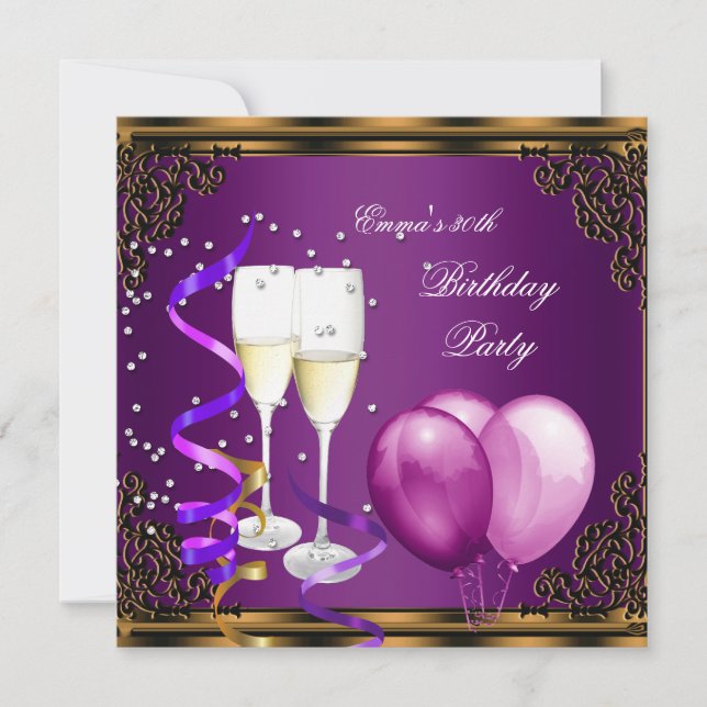 30. Geburtstag Party Lila Plum Gold Balloons Einladung (Vorderseite)