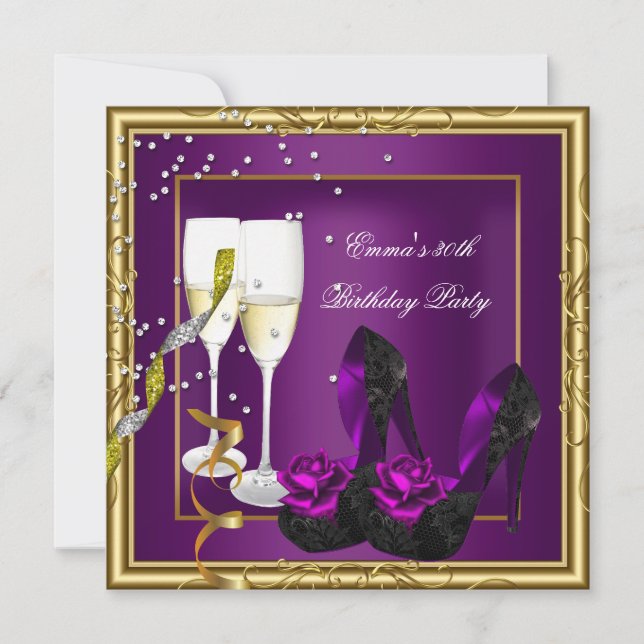 30. Geburtstag Party Lila Plum Gold Black Einladung (Vorderseite)