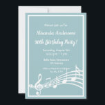 30. Geburtstag Party Musiknoten aquamarin blau Einladung<br><div class="desc">Lasst uns Party und Tanz machen! Eine trendige,  moderne Party Einladung aus dem 30. Jahrhundert. Aquamariner,  hellblauer Hintergrund mit weißem Rahmen und Musiknoten,  weißen Buchstaben. Vorlagen für Ihre Party-Informationen. Zurück: Musiknoten.</div>