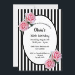 30. Geburtstag Party rosa Rosen Schwarz-weiße Stre Einladung<br><div class="desc">Klassische schwarz-weiße Streifen als Hintergrund. Rosa Rosen als Dekoration. Ein ovaler Rahmen mit Vorlagen für Ihre Party-Informationen. Eine mädchenhafte,  feminine und elegante 30. Geburtstagsfeier Party Einladung.</div>