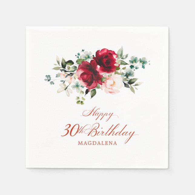 30. Geburtstag Party Rosa Rote Blüte Custom Serviette (Vorderseite)