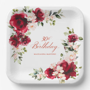 30. Geburtstag Party Rotes Rosa Blumenmuster Custo Pappteller