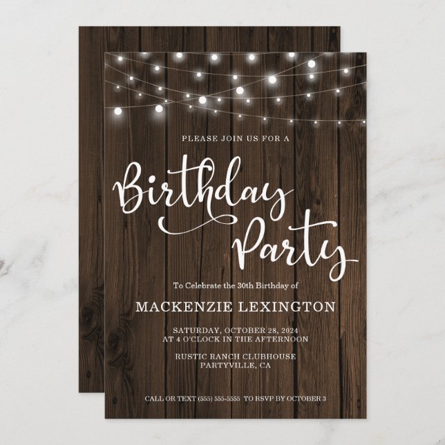 30. Geburtstag Party Rustikale String Lights Holz Einladung (Vorne/Hinten)