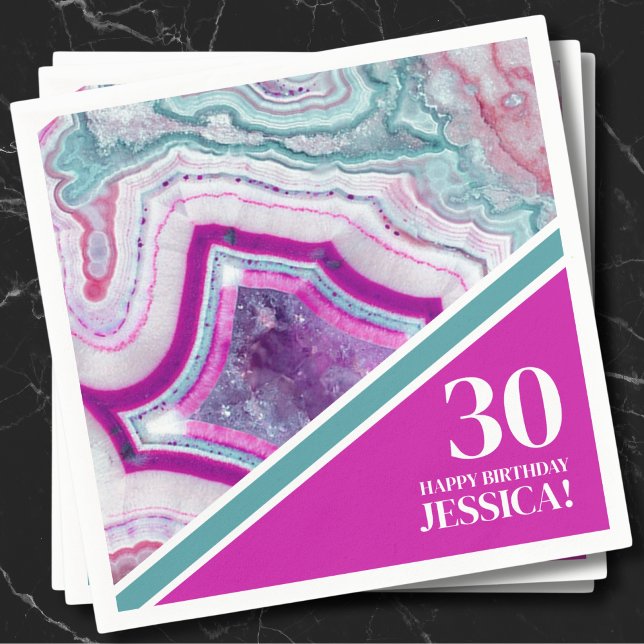 30. Geburtstag Party Serviette (Bright Turquoise Pink Agate 30th Birthday Party Napkins)