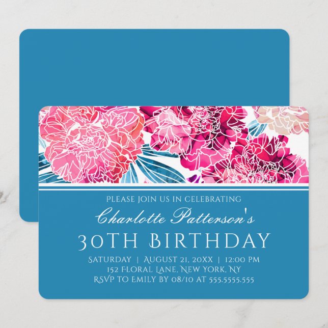 30. Geburtstag Party Stilvolles rosa Blumenmuster Einladung (Vorne/Hinten)