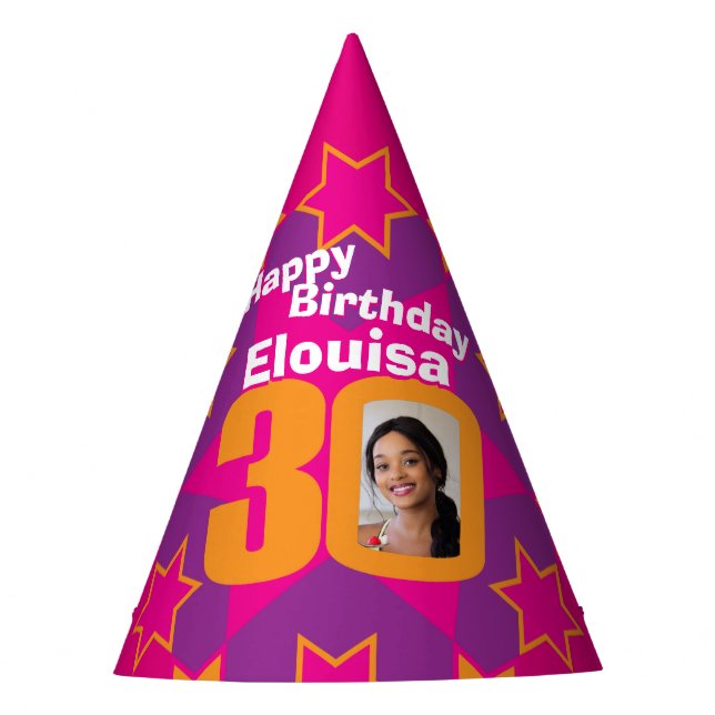 30. Geburtstag personalisierter Foto Stern Name di Partyhütchen (Vorderseite)
