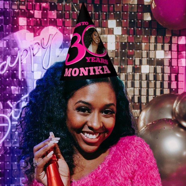 30. Geburtstag personalisiertes Foto rosa schwarz Partyhütchen (Von Creator hochgeladen)