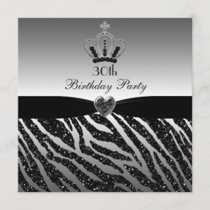 30. Geburtstag Prinzessin-Crown Zebra Glitter Einladung