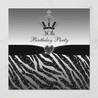 30. Geburtstag Prinzessin-Crown Zebra Glitter Einladung