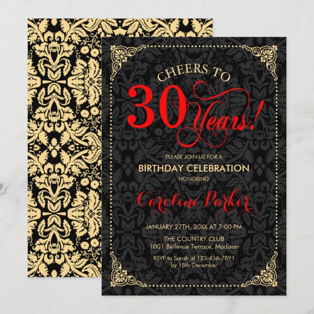 30. Geburtstag - Red Gold Black Damask Einladung (Vorne/Hinten)