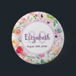 30. Geburtstag rosa Blume eleganter Name Button<br><div class="desc">Ein eleganter, zeitloser Sommer- und Gartenmagnet in einem romantischen böhmischen Boheme-Stil für einen 30. Geburtstag. Weiche Pastelltöne und farbenfrohe Blume in rosa, pfirsichfarbenen und grünen Blätter. Ein hellweißer Hintergrund. Vorlage für Name, Alter und Datum. Der Name ist lila mit einem handgeschriebenen Stilskript geschrieben. Ideal für Gastgeschenke oder als Save the...</div>