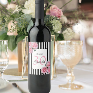 30. Geburtstag rosa Blume Schwarz-weiße Streifen Weinetikett