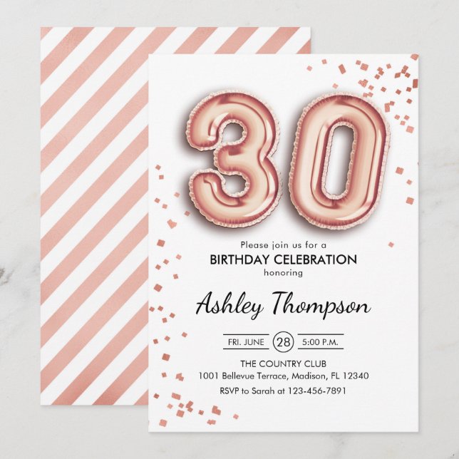 30. Geburtstag - Rose Gold Balloons Einladung (Vorne/Hinten)