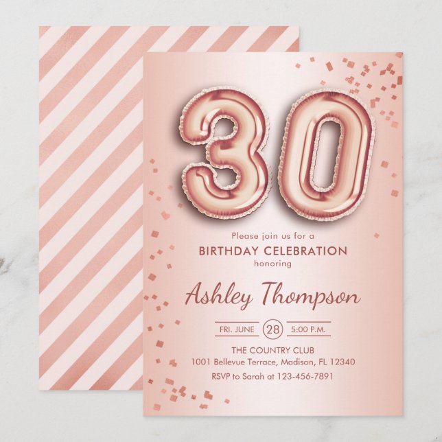 30. Geburtstag - Rose Gold Balloons Einladung (Vorne/Hinten)