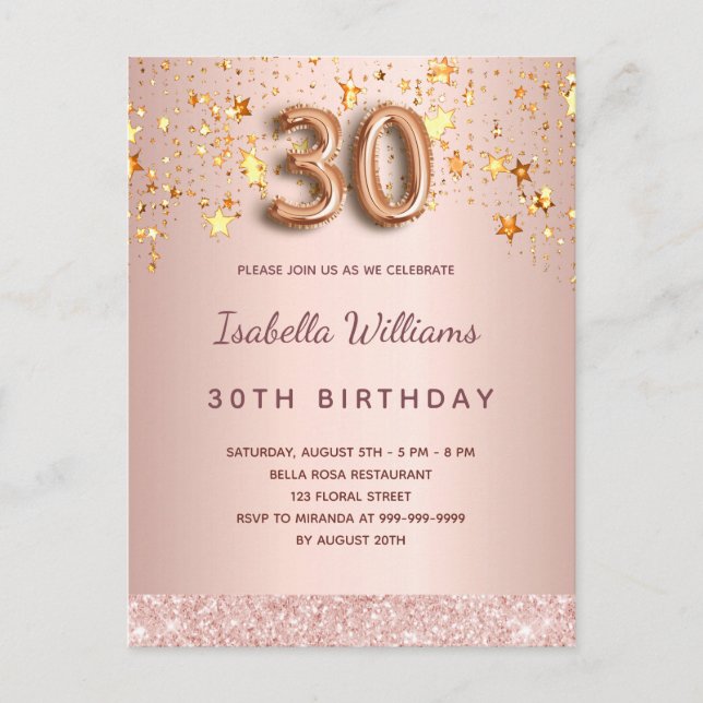 30. Geburtstag Rose Goldsterne glamourös Postkarte (Vorderseite)