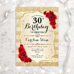 30. Geburtstag - Rose in Gold Streifen Einladung<br><div class="desc">Einladung zum 30. Geburtstag. Elegantes Design in Gold und Rot. Features Imitate Glitzer goldene Streifen,  rote Rosen stilvolle Skript-Schriftart und Konfetti. Ideal für eine gläserne Geburtstagsfeier.</div>