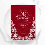 30. Geburtstag Rot Silber Rose Einladung<br><div class="desc">Rot silber elegant 30. Geburtstag Party Einladung. Klassisches Design mit Rose,  Imitaten Silberfolie und Typografie Script Schriftart. Die trendige Einladungskarte eignet sich perfekt für eine stilvolle Damenfeier. Personalisieren Sie Ihre persönlichen Daten. Kann für jedes Alter angepasst werden. Gedruckte Zazzle-Einladungen oder Sofortdownload digitaler Druckvorlage.</div>