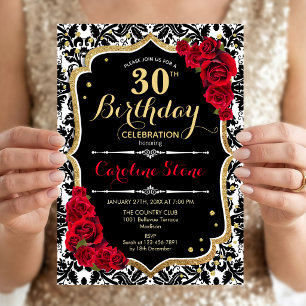 30. Geburtstag - Rote Rosen Gold Schwarz Damast Einladung
