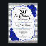 30. Geburtstag - Royal Blue Silver White Streifen Einladung<br><div class="desc">Einladung zum 30. Geburtstag. Elegantes Design in Imitaten Glitzer silber,  weiß und königsblau. Das stilvolle Skript-Fort,  Streifen und blaue Rose. Ideal für eine elegante 30. Geburtstagsfeier. Kann in jedem Alter angepasst werden.</div>