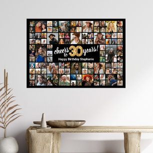 30. Geburtstag Schwarz Gold 100 Foto-Collage Poster