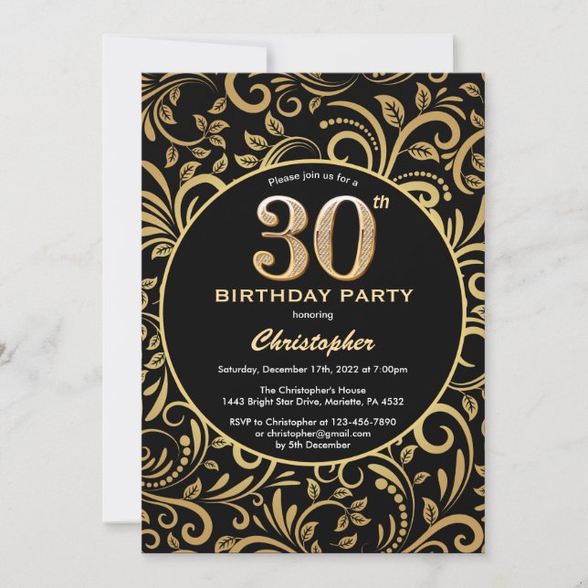 30. Geburtstag Schwarz-Gold-Blütenmuster Einladung (Vorderseite)