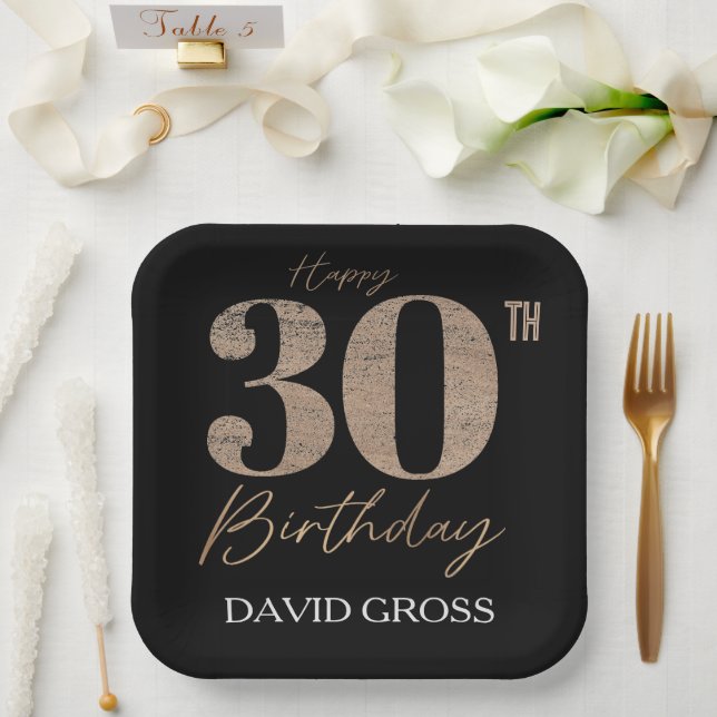 30. Geburtstag Schwarz und Gold Glitzer Pappteller (Hochzeit)