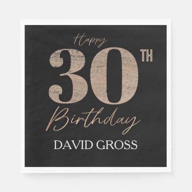30. Geburtstag Schwarz und Gold Glitzer Serviette (Vorderseite)