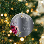 30. Geburtstag Silberner Glitzer Tropfen Blumenbur Keramik Ornament<br><div class="desc">Ein Ornament zum 30. Geburtstag. Ein dunkles Imitat silber metallisch aussehender Hintergrund. Mit dunklen lila und bordeauxfarbenen Blume und Rose rosa, Imitate silberne Glitzer tropfen, Farbe Tropfen aussehen. Vorlagen für einen Namen, Datum und Alter 30. Der Name ist mit einem weißen, modernen, handgeschriebenen Stil geschrieben. Perfekt wie Winterdekoration, Gaumenfreuden, Sake...</div>
