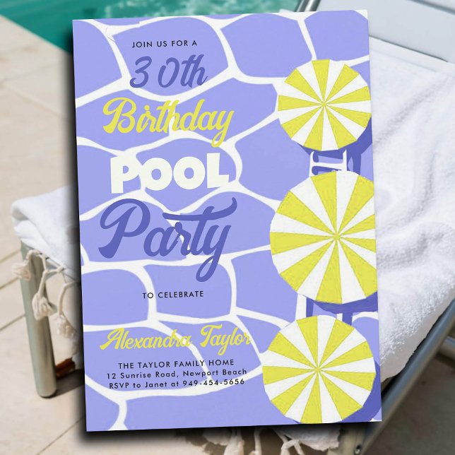30. Geburtstag Sommer Pool Party Lila Limon Einladung (30th birthday party ideas for women pool umbrellas purple yellow personalized invitation summer fun)