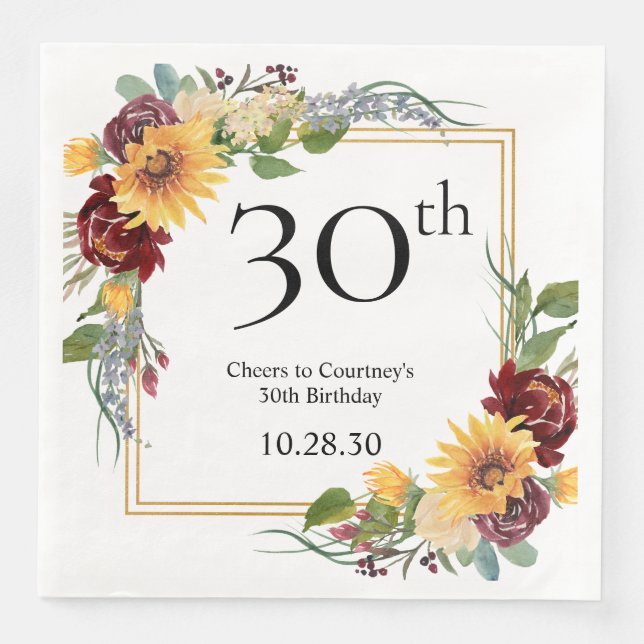 30. Geburtstag Sonnenblumen Serviette (Vorderseite)