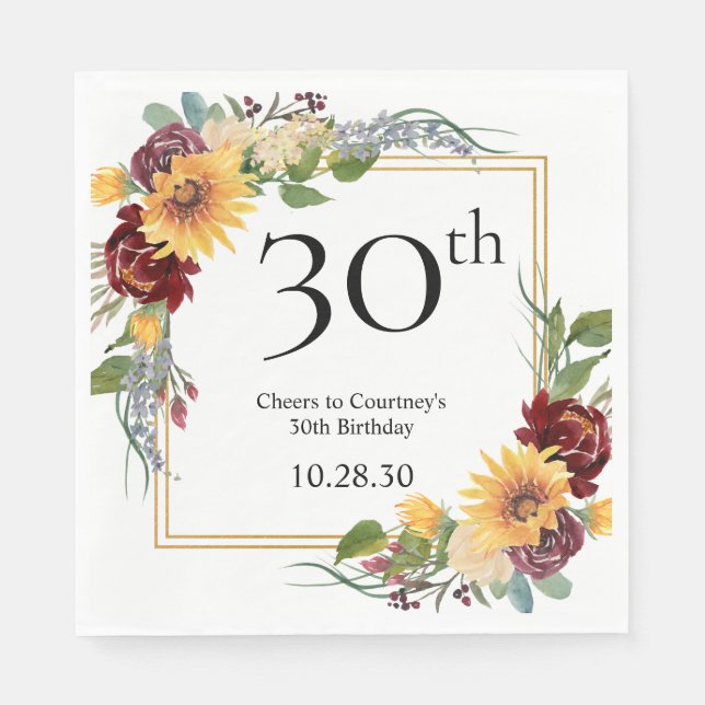 30. Geburtstag Sonnenblumen Serviette (Vorderseite)
