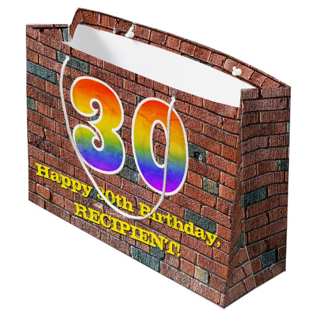 30. Geburtstag: Spaß, Graffiti-Inspiriert Regenbog Große Geschenktüte (Rückseite Schrägansicht)
