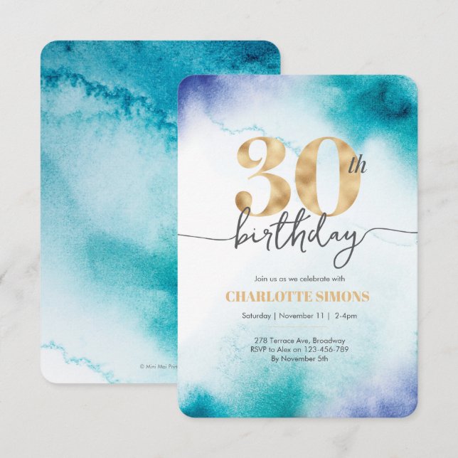 30. Geburtstag Türkis Aquarell Einladung (Vorne/Hinten)