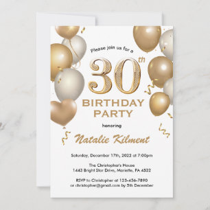 30. Geburtstag Weißer Glitzer und Goldballons Einladung