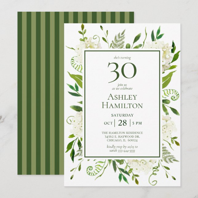 30. Geburtstag Weißer Hydrangeas Einladung (Vorne/Hinten)