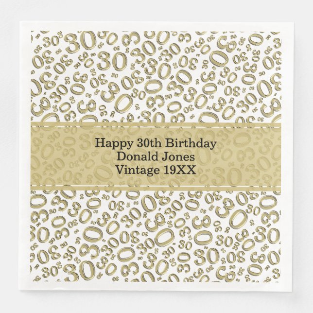 30. Geburtstag Zahlenmuster Gold/Weiß Serviette (Vorderseite)