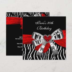 30. Geburtstagsfeier Silber Rot Schwarz Weiß Zebra Einladung