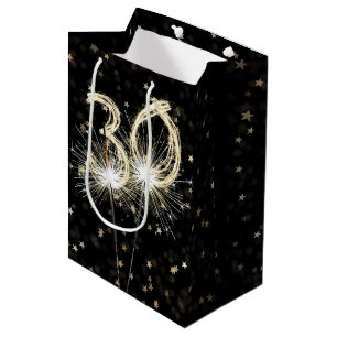 30. Geburtstagsparkler auf schwarz mit Sternen Mittlere Geschenktüte