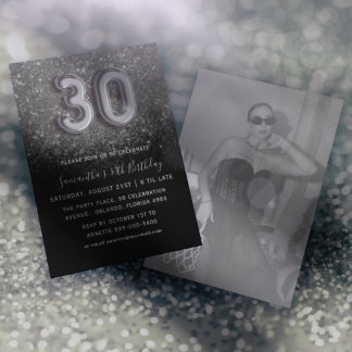 30. Geburtstagsparty von Silver & Black Glitzer Einladung