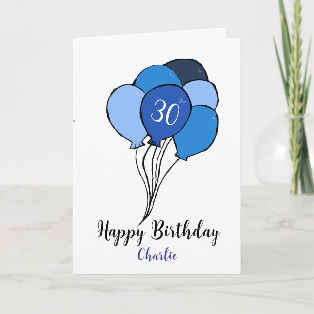30. Geburtstagsstunde mit blauen Ballons Karte (Vorderseite)