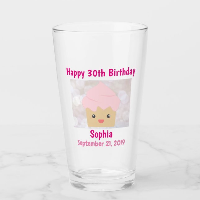 30. Glück Geburtstag Niedlich Pink Cupcake Souveni Glas (Vorderseite)