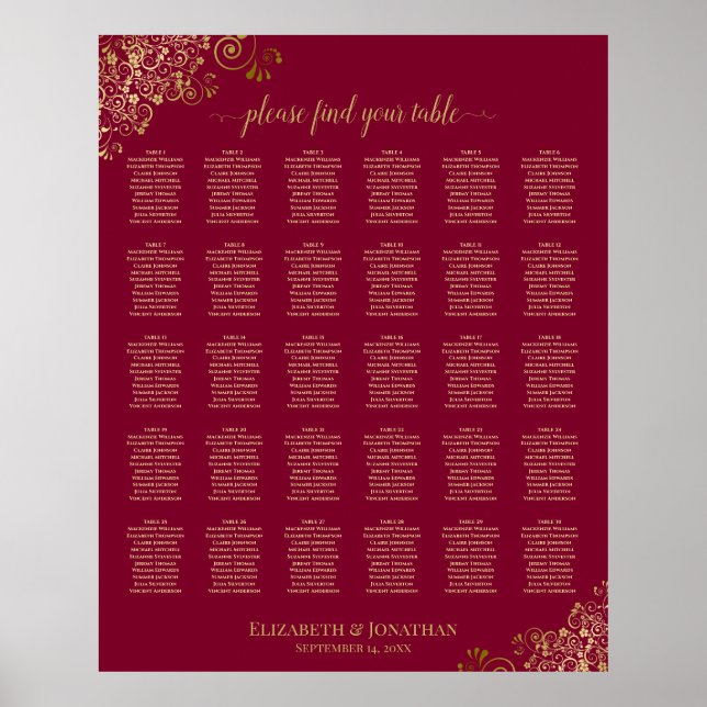 30 Gold Frills auf Burgunder Hochzeitskarte Poster (Vorne)